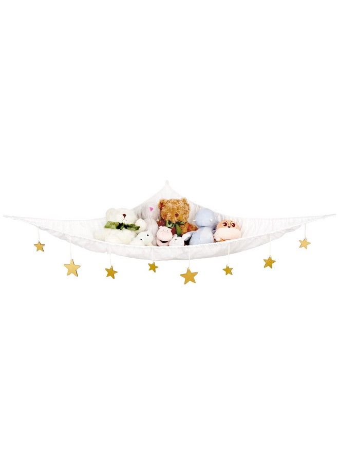 Stuffed Animal Toy Hammock Hanging Macrame Stuffed Animals Storage Net With Wooden Stars Decorations Boho Large Corner Plush Toys Holder For Nursery Playroom Kids Room Organizer White