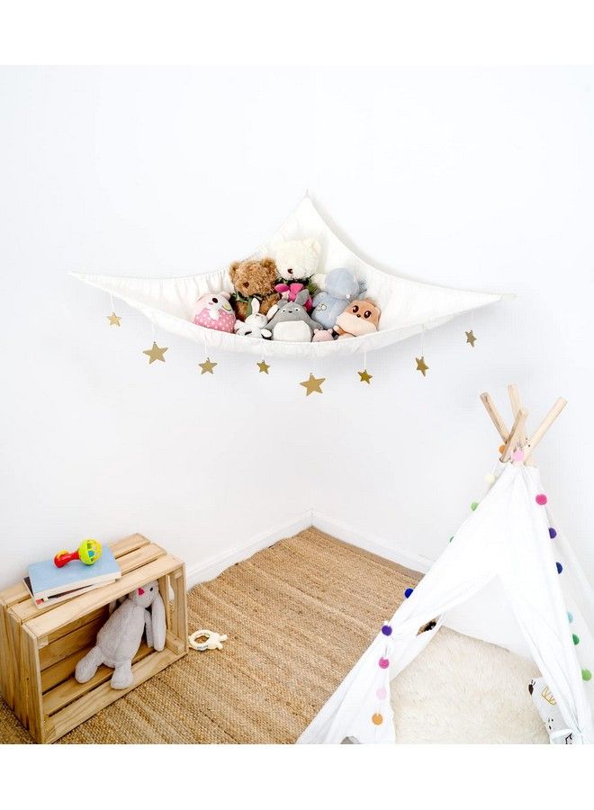 Stuffed Animal Toy Hammock Hanging Macrame Stuffed Animals Storage Net With Wooden Stars Decorations Boho Large Corner Plush Toys Holder For Nursery Playroom Kids Room Organizer White