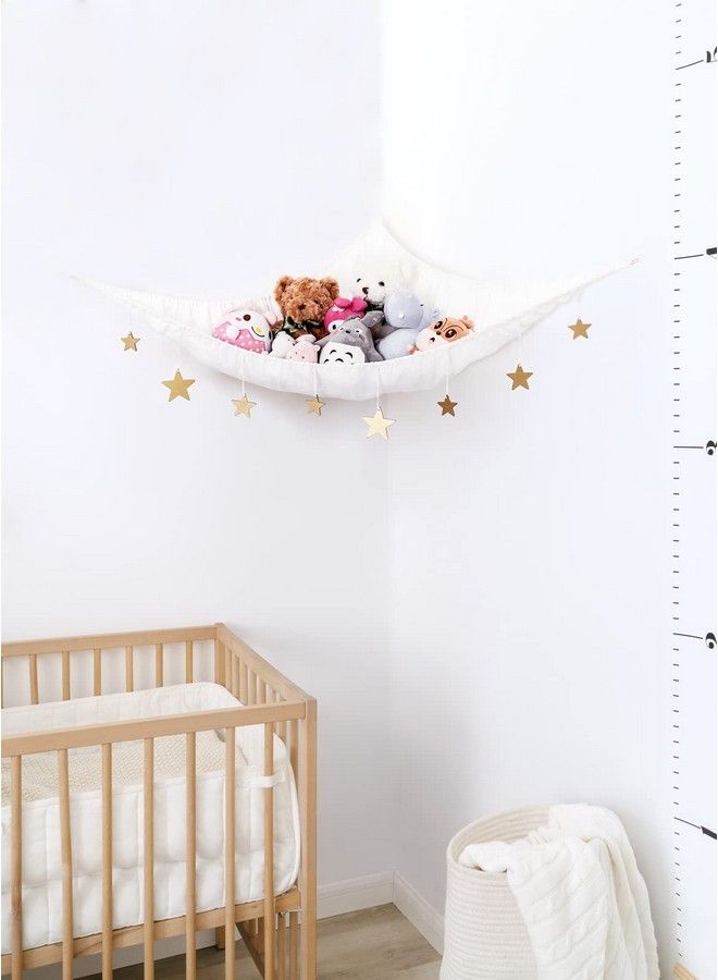 Stuffed Animal Toy Hammock Hanging Macrame Stuffed Animals Storage Net With Wooden Stars Decorations Boho Large Corner Plush Toys Holder For Nursery Playroom Kids Room Organizer White