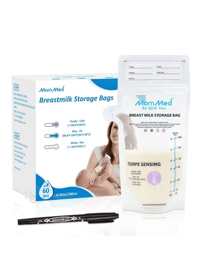 Breastmilk Storage Bags Leak Proof Milk Storage Bags For Breastfeeding Tempsensing Discoloration Disposable Breast Milk Bag With Pour Spout 6 Ounce Doubledsealed Bpa Free 60Pack