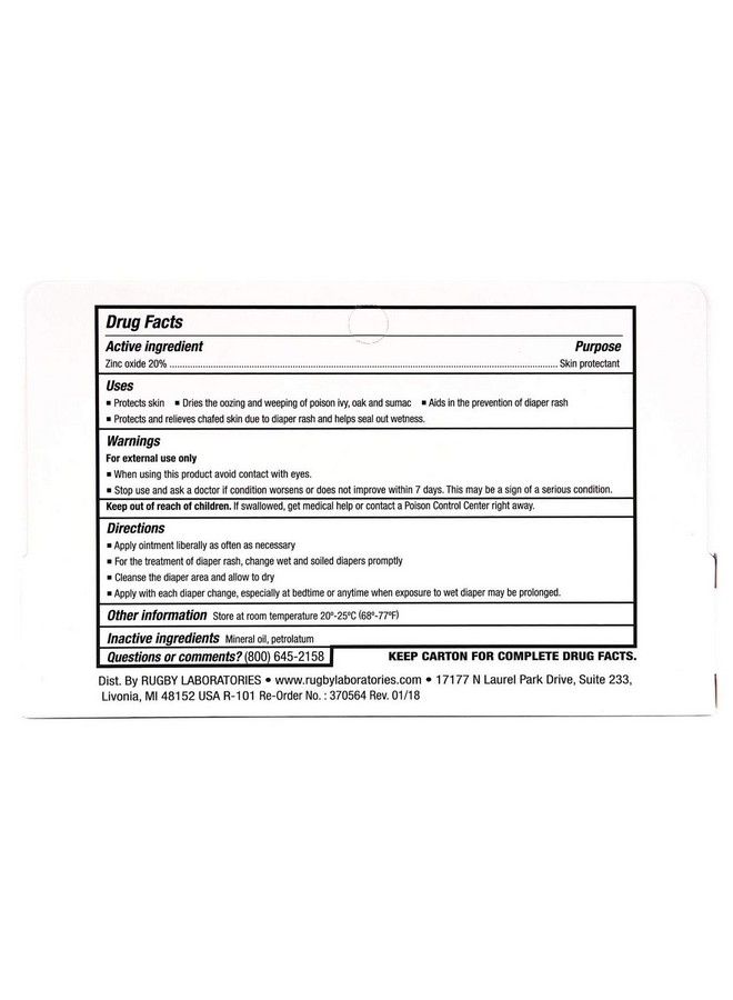 Rugby Zinc Oxide 20 Skin Protectant Ointment Relief For Diaper Rash Chafed Skin Poison Ivy Clear 2.11 Ounce