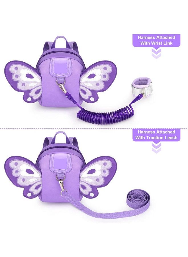 Toddler Harness Backpack Leash Cute Butterfly Kid Backpacks With Anti Lost Wrist Link Mini Child Backpack Harness Leashes Walking Wristband Travel Bag Harness Rein For Baby Girls (Purple)