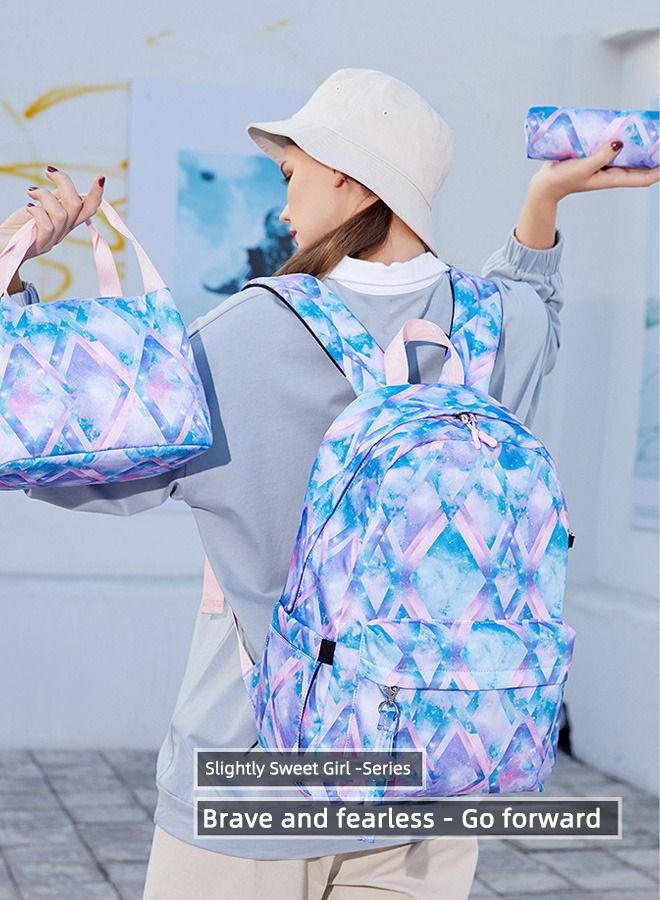 3-Piece Graphic Printed Casual Backpack Waterproof Durable School Daypack With USB Charging and Lunch Box Pencil Pouch Multicolour
