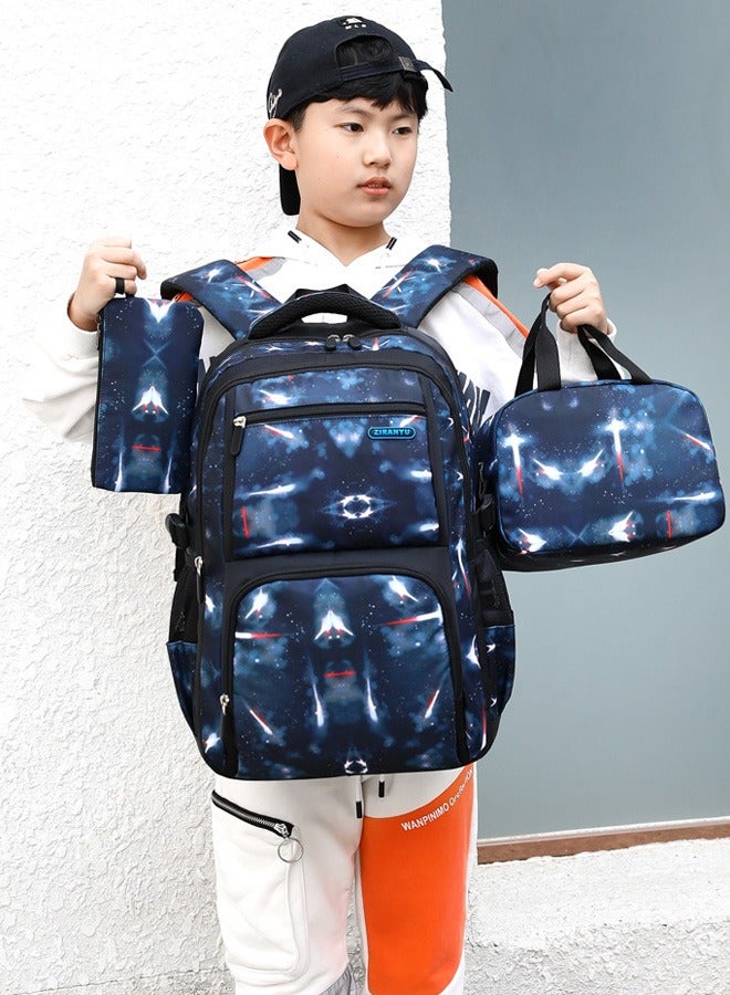 Casual Primary Junior  School Backpacks Durable Lightweight Bookbag Breathable Daypack Set Space Starry Sky Knapsack with Lunch Bag