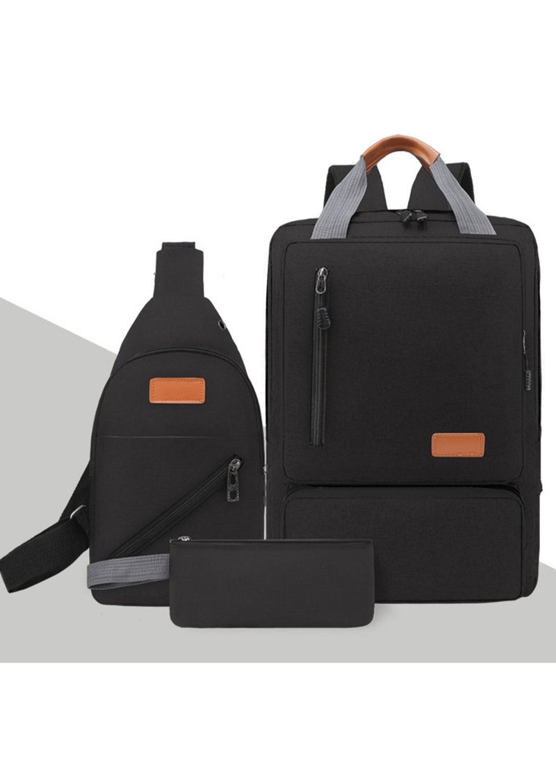 3-piece Oxford Travel Laptop Backpack Solid Pattern Zipper School Bag Anti-theft Waterproof Daypack For Men Women