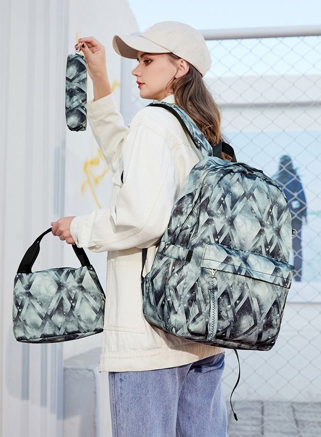 3-Piece Graphic Printed Casual Backpack Waterproof Durable School Daypack With USB Charging and Lunch Box Pencil Pouch Grey