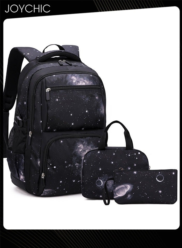 Casual Primary Junior  School Backpacks Durable Lightweight Bookbag Breathable Daypack Set Space Starry Sky Knapsack with Lunch Bag