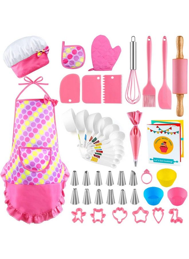 Kids Baking And Cooking Set For Girls 54Pcs Chef Costume Set With Kids Apron Chef Hat All Real Cooking Tools And Baking Supplies Kitchen Utensils And Recipes For Child Junior Chefs 3+