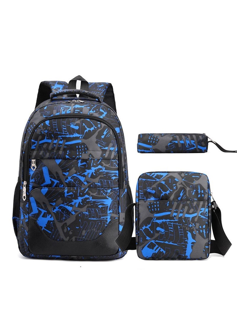 3-Piece New Style Preppy Backpack Casual Travel Daypack Large Capacity Wear-resistant Bookbag For Middle High Students Blue
