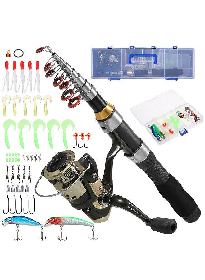 1.7m Fishing Rod and Reel Combos Telescopic Fishing Pole with Spinning Reel Combo Kit Fishing Line Lures Hooks Swivels Set Fishing Accessories with Tackle Box