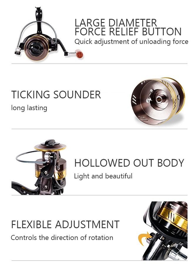 Fishing Reel Wheel Full Metal Wear Resistant Foldable Spinning Wheel Waterproof with Wooden Handle for Seawater Freshwater