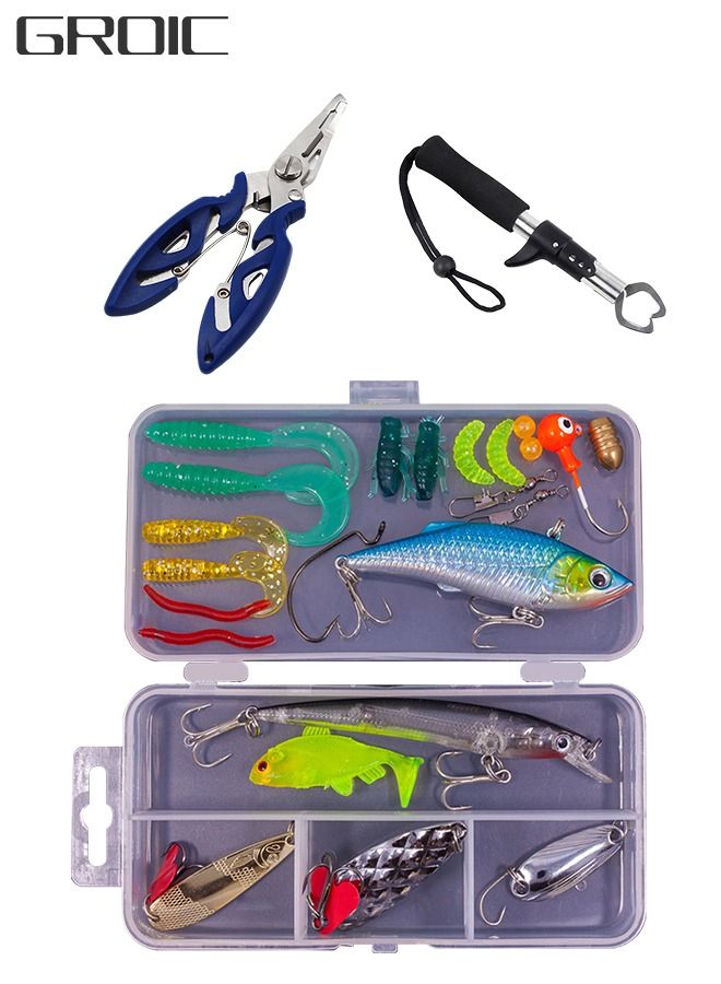 26 Pieces Fishing Lures Kit Set for Including Soft Plastic Worms Baits Crankbait Jigs Hooks Lip Gripper and Fishline scissors.