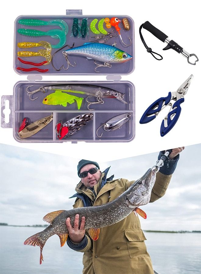 26 Pieces Fishing Lures Kit Set for Including Soft Plastic Worms Baits Crankbait Jigs Hooks Lip Gripper and Fishline scissors.