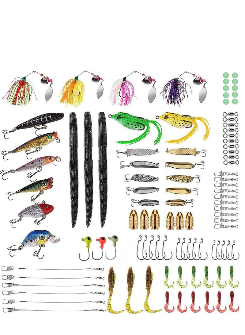 102Pcs Fishing for Freshwater Bait Tackle Kit Accessories Fishing Lures Baits Tackle Crankbaits Spinnerbaits Plastic Worms Jigs Topwater Lures Tackle Box and More Fishing Gear Lures Kit Set