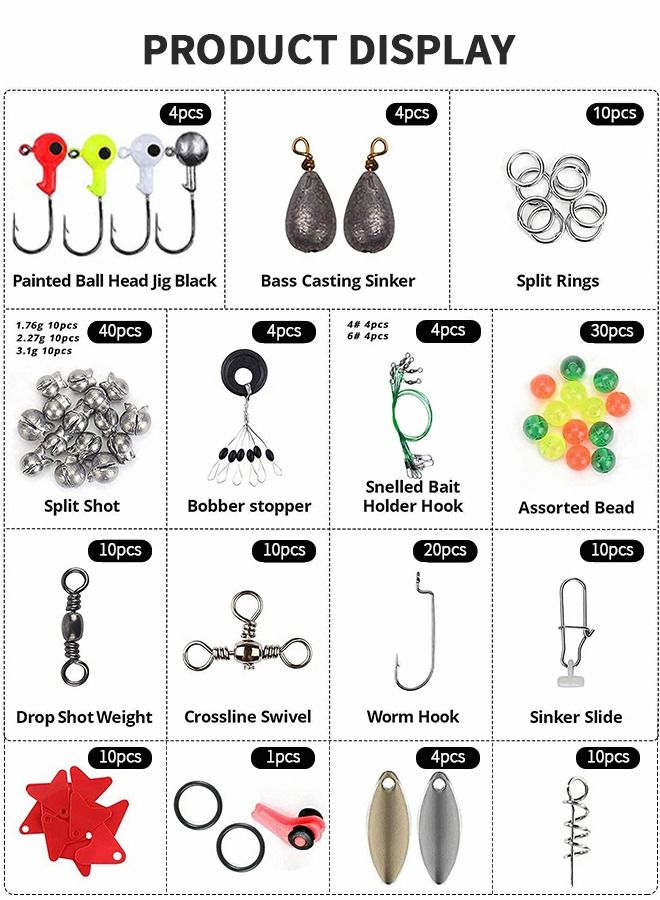 187pcs Fishing Accessory Kit, Fishing Set with Tackle Box, Fishing Hooks, Crank Hook, Lead Sinker, Blocking Bead, 8-Ring Connector, Space Beans Terminal Tackle Kits