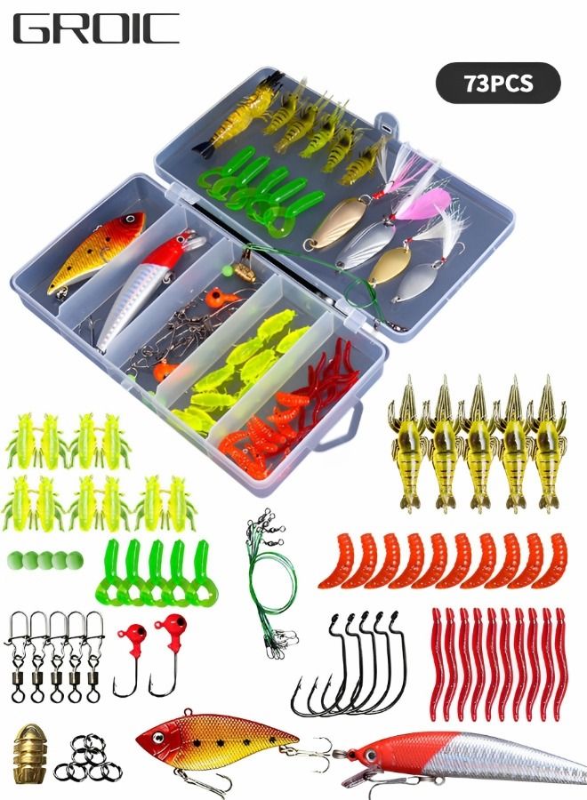 73Pcs Fishing Lures Kit Set, Baits Tackle Kit Including Crankbaits, Topwater Lures, Spinnerbaits, Worms, Hooks, Lures, Soft Plastic Worms, Tackle Box and More Lures