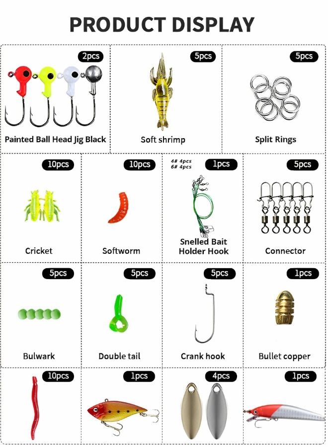 73Pcs Fishing Lures Kit Set, Baits Tackle Kit Including Crankbaits, Topwater Lures, Spinnerbaits, Worms, Hooks, Lures, Soft Plastic Worms, Tackle Box and More Lures