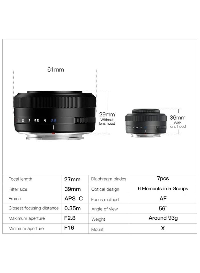 TTArtisan 27mm F2.8 Auto Focus APSC Camera Lens Metal Light Weight Portable Camera Lens Support Eyes Tracking for Fuji X Mount Black