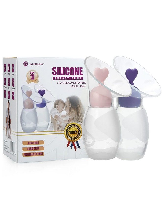 Gen2 Silicone Breast Milk Collector ; 2Pack Food Grade Travel Manual Breast Pumps With 2 Breastfeeding Milk Stoppers ; Fsa Hsa Eligible Bpa Pvc Lead Phthalate Free ; 4Oz/100Ml Pink/Purple