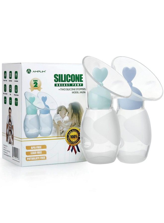 Gen 2 Manual Breast Pump/Collector For Breastfeeding With Stopper (2Pack 4 Oz/100Ml) Food Grade Silicone Bpa Pvc And Phthalate Free (Blue + Green)