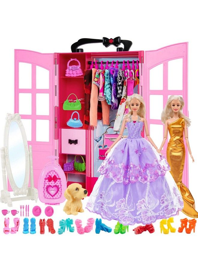 Doll Closet Wardrobe Set For 11.5 Inch Girl Doll 106 Pcs Clothes And Accessories Include Wardrobe Suitcase Mirroroutfits Dress Shoes Hangers Handbags Necklace Crown And Dog (Pink+Rose)