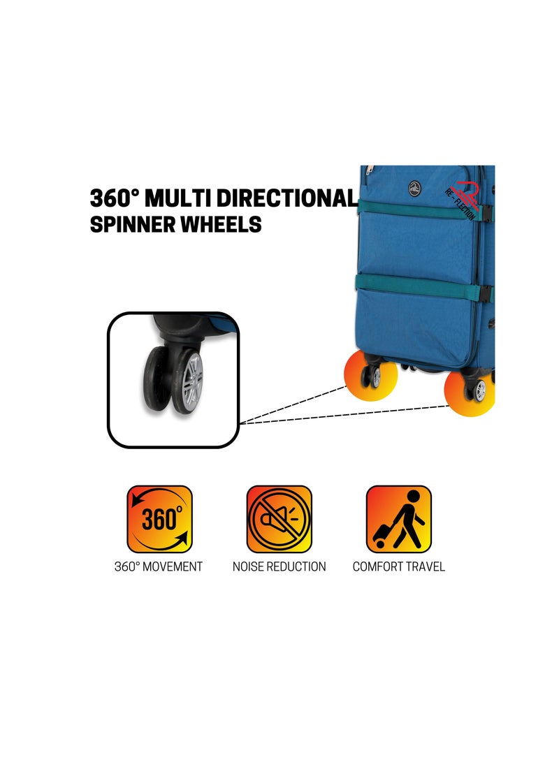 Reflection 24 Inch Crinkle Carryon Suitcase Lightweight Vertical Series Travel Soft Luggage Trolley with 84L Storage Capacity and 4 Spinner Wheels Teal Blue