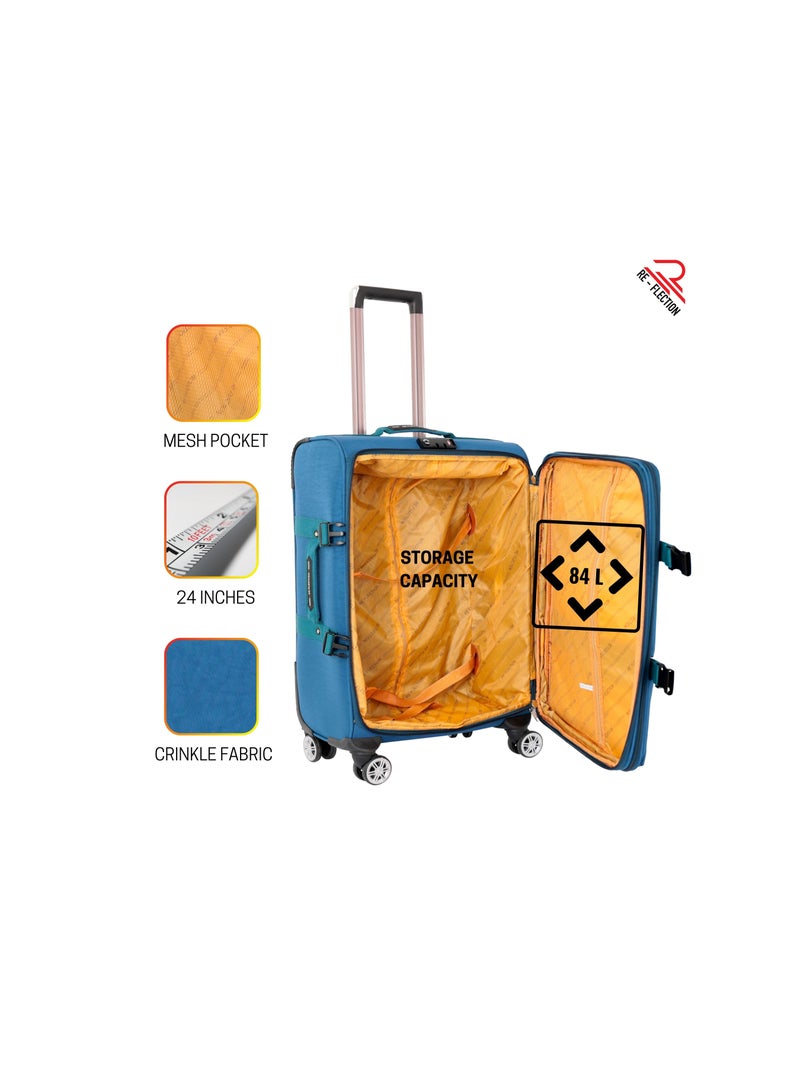 Reflection 24 Inch Crinkle Carryon Suitcase Lightweight Vertical Series Travel Soft Luggage Trolley with 84L Storage Capacity and 4 Spinner Wheels Teal Blue