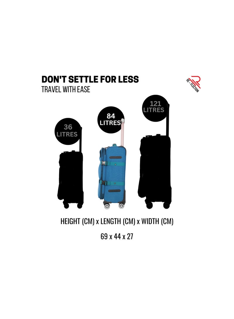 Reflection 24 Inch Crinkle Carryon Suitcase Lightweight Vertical Series Travel Soft Luggage Trolley with 84L Storage Capacity and 4 Spinner Wheels Teal Blue