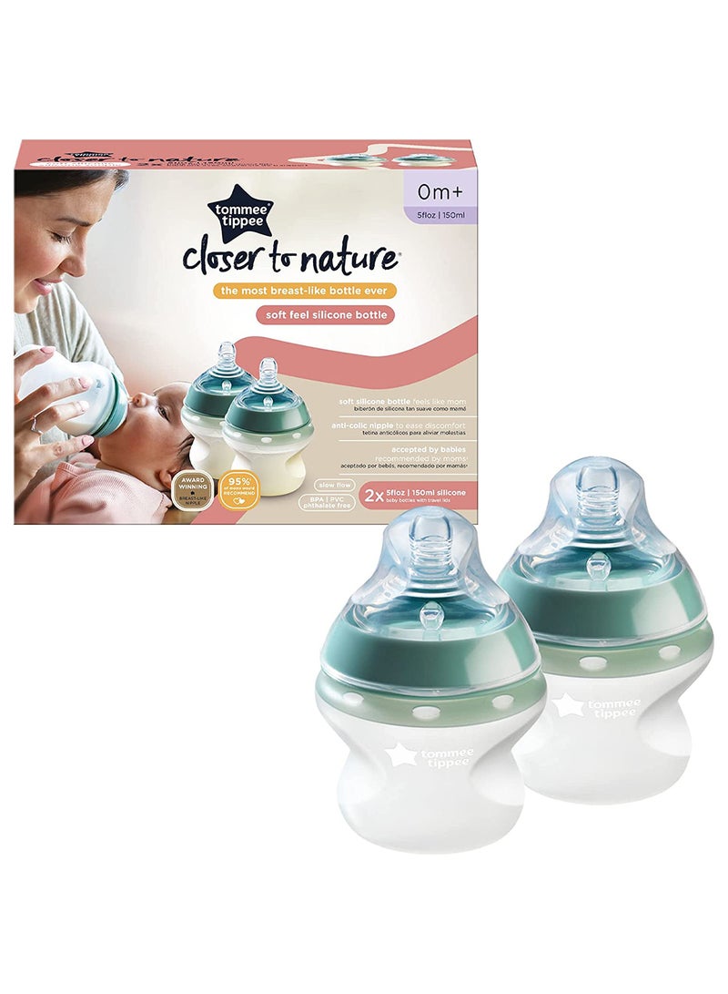 Pack Of 2 Closer To Nature Soft Feel Silicone Baby Bottles, Slow Flow Breast-Like Teat 0 Months+ 150  ml Clear