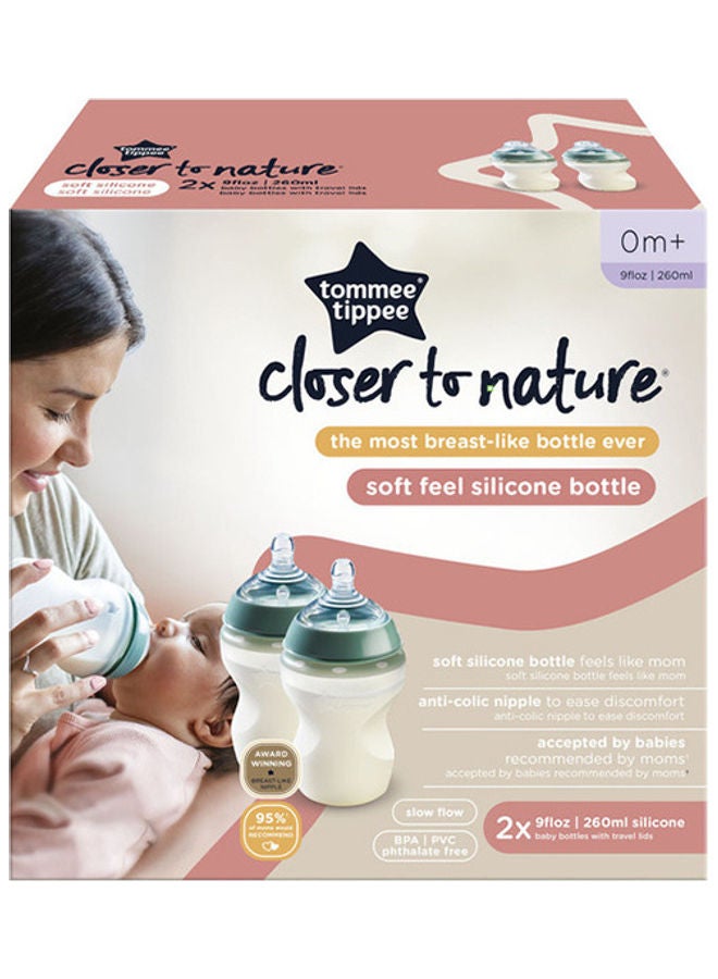 Baby Bottles, Closer to Nature Silicone Anti-Colic Baby Bottle with Slow Flow Breast-Like Teat, 260ml, 0+ Months, Self-Sterilising, Baby Feeding Essentials, 2 Pack