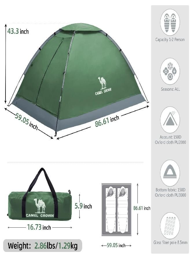 Crown 2 Person Camping Tent With Removable Rain Fly, Easy Setup Outdoor Tents Water Resistant Lightweight Portable For Family Backpacking Camping Hiking Traveling (Army Green-2Person)