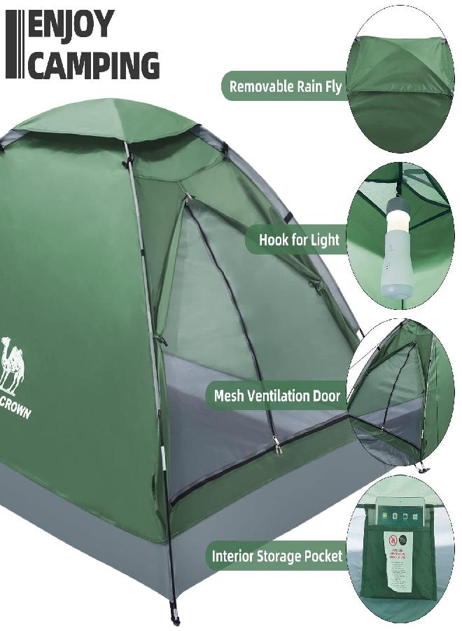 Crown 2 Person Camping Tent With Removable Rain Fly, Easy Setup Outdoor Tents Water Resistant Lightweight Portable For Family Backpacking Camping Hiking Traveling (Army Green-2Person)
