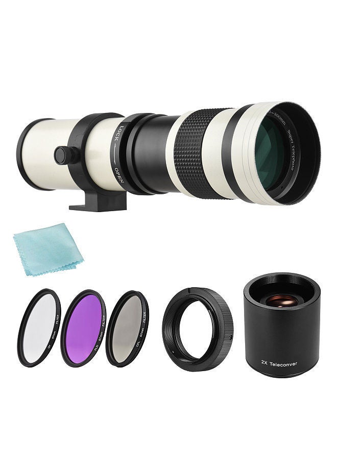 Camera MF Super Telephoto Zoom Lens F/8.3-16 420-800mm T Mount + UV/CPL/FLD Filters Set +2X 420-800mm Teleconverter Lens + T2-AF Adapter Ring