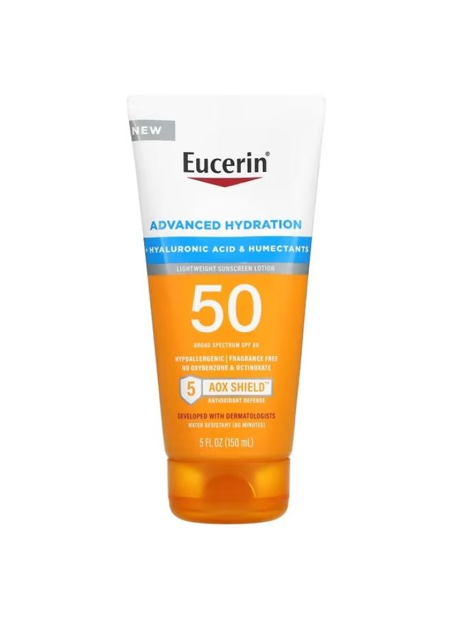 Eucerin, Advanced Hydration, Lightweight Sunscreen Lotion, SPF 50, Fragrance Free, 5 fl oz (150 ml)