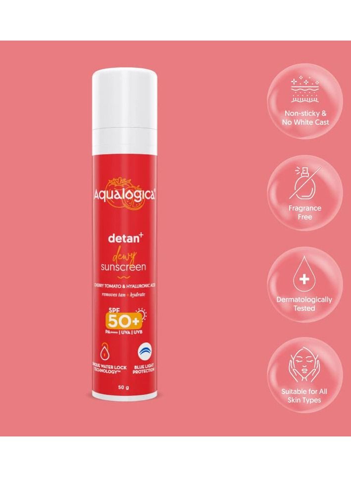 Detan Dewy Sunscreen SPF 50 with Cherry Tomato and Hyaluronic Acid PA++++  UVA  UVB Reduces Tan Hydrates Skin Blue Light Protection 50g