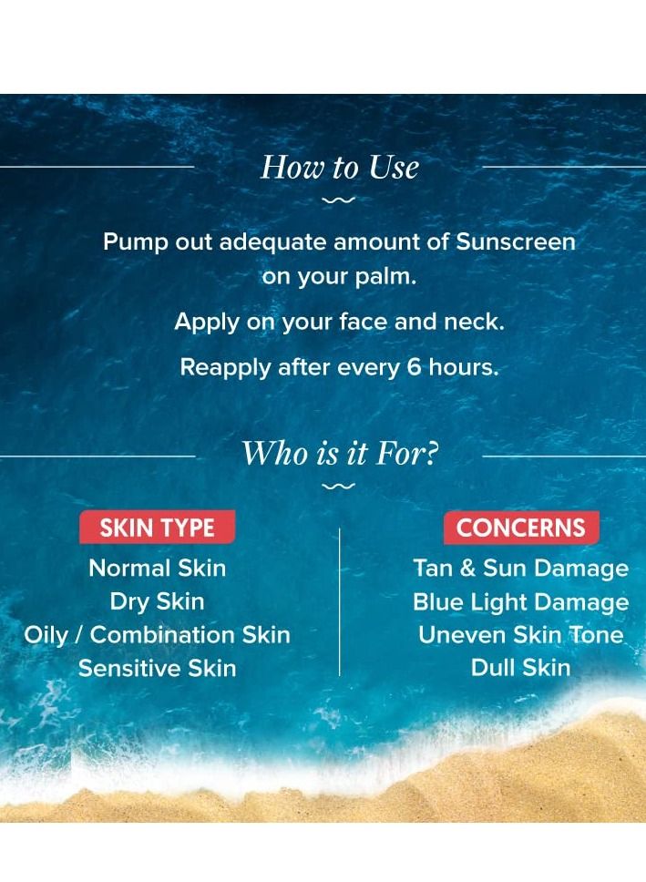 Detan Dewy Sunscreen SPF 50 with Cherry Tomato and Hyaluronic Acid PA++++  UVA  UVB Reduces Tan Hydrates Skin Blue Light Protection 50g