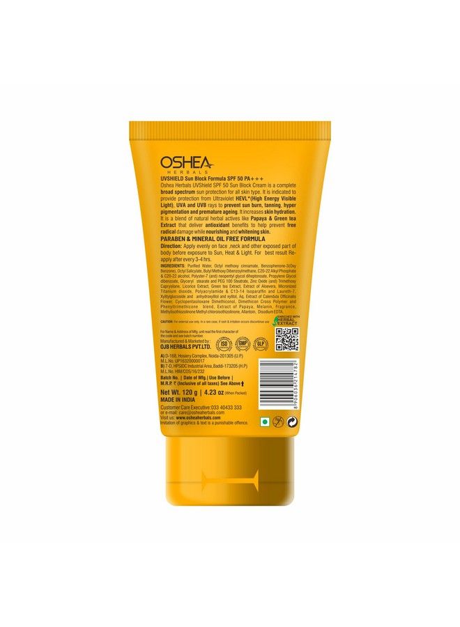 Uvshield Sun Block Formula Spf 50 Pa+++I Enriched With Papaya Green Tea Extract I For Sun Protection I Water Resistant 120 Grams