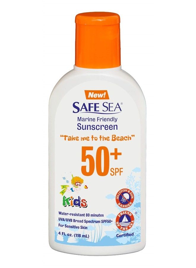 Safe Sea Jellyfish Sting-Blocking Sunscreen for Kids, SPF 50+ Lotion 4oz, Waterproof, Biodegradable, Coral Reef-Safe – Body and Face Sunscreen, Anti-Jellyfish and Sea-Lice sting protection.