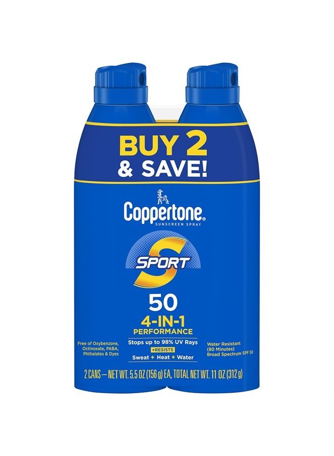 SPORT Sunscreen Spray SPF 50, Water Resistant Spray Sunscreen, Broad Spectrum SPF 50 Sunscreen Pack, 5.5 Oz Spray, Pack of 2