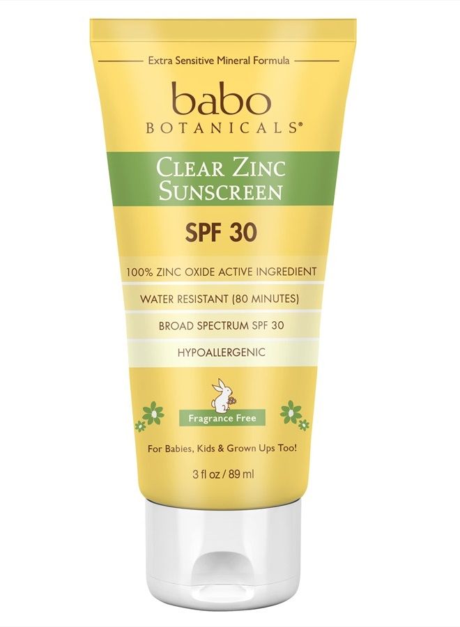 Zinc Sunscreen Lotion SPF 30 with 100% Mineral Actives, Non-Greasy, Water-Resistant, Fragrance-Free, Vegan, For Babies, Kids or Sensitive Skin, Clear, 3 Fl Oz