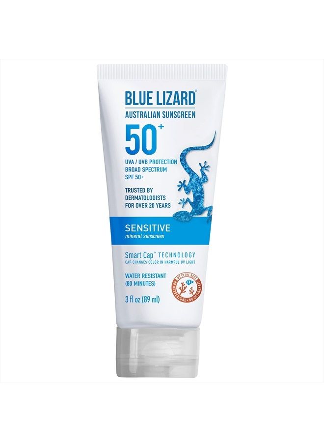 Blue Lizard SENSITIVE Mineral Sunscreen with Zinc Oxide, SPF 50+, Water Resistant, UVA/UVB Protection with Smart Cap Technology - Fragrance Free, 3 oz. Tube