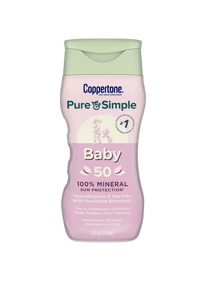 Pure and Simple Baby Sunscreen SPF 50 Lotion, Zinc Oxide Mineral Sunscreen for Babies, Tear Free, Water Resistant, Broad Spectrum SPF 50 Sunscreen, 6 Fl Oz Bottle