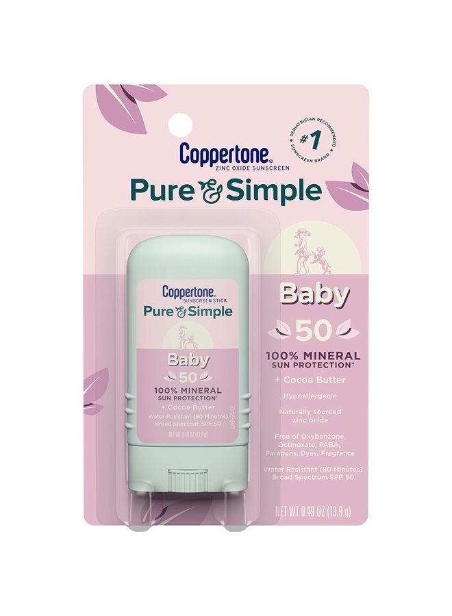 Pure and Simple Baby Sunscreen Stick SPF 50, Zinc Oxide Mineral Sunscreen for Babies, Tear Free, Water Resistant, Broad Spectrum SPF 50 Sunscreen, 0.49 Oz Stick