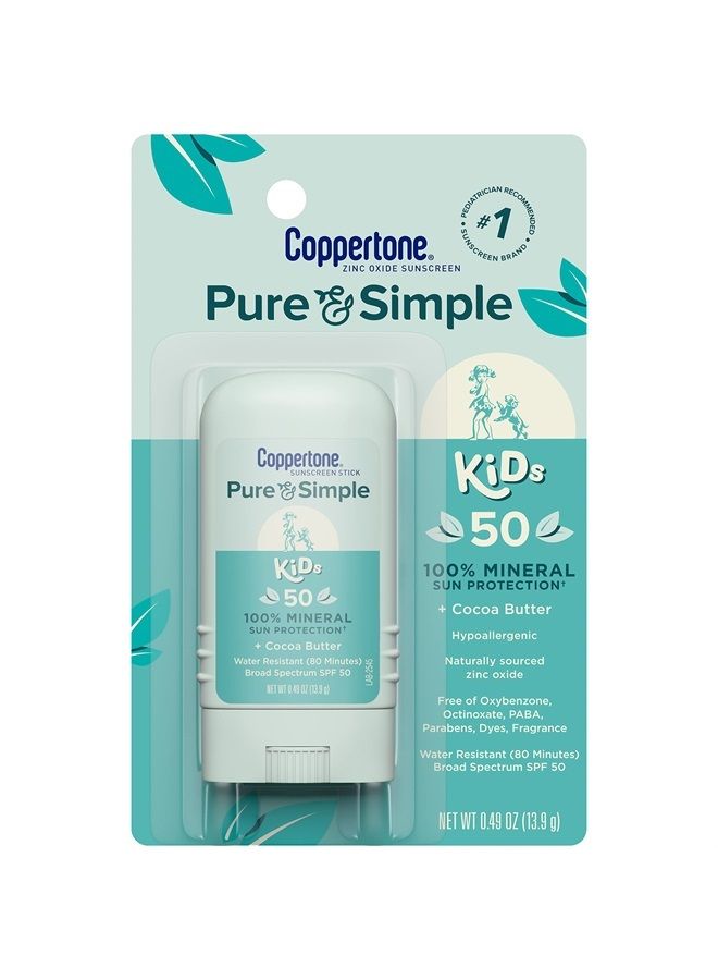 Pure and Simple Kids Sunscreen Stick SPF 50, Zinc Oxide Mineral Sunscreen Stick for Kids, Tear Free, Water Resistant, Broad Spectrum SPF 50 Sunscreen, 0.49 Oz Stick