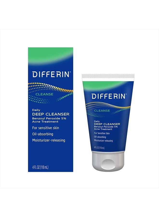 Acne Face Wash with 5% Benzoyl Peroxide, Daily Deep Cleanser by the makers of Differin Gel, Gentle Skin Care for Acne Prone Sensitive Skin, 4 oz (Packaging May Vary)