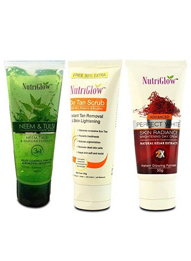 Neem&Tulsi Face Wash (65Ml) / Clear Pimples + Detan Scrub(65G)/ Remove Tan + Skin Radiance Brightening Day Cream (50G)