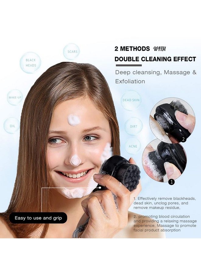 2 Pack Facial Cleansing Brushes Doublesided Face Scrubber For Deep Pore Cleansing And Exfoliation Silicone & Soft Bristle Sides (Black & Black)