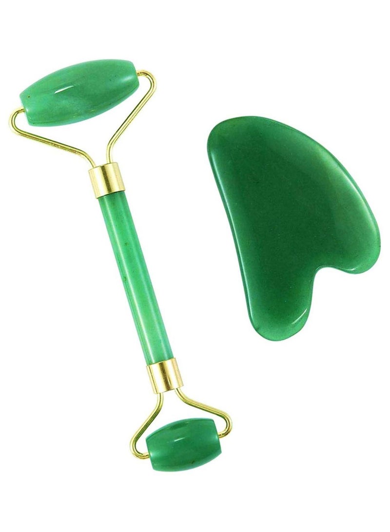 Dual Ended Jade Face Massage Roller With Gua Sha Scraper Green/Gold