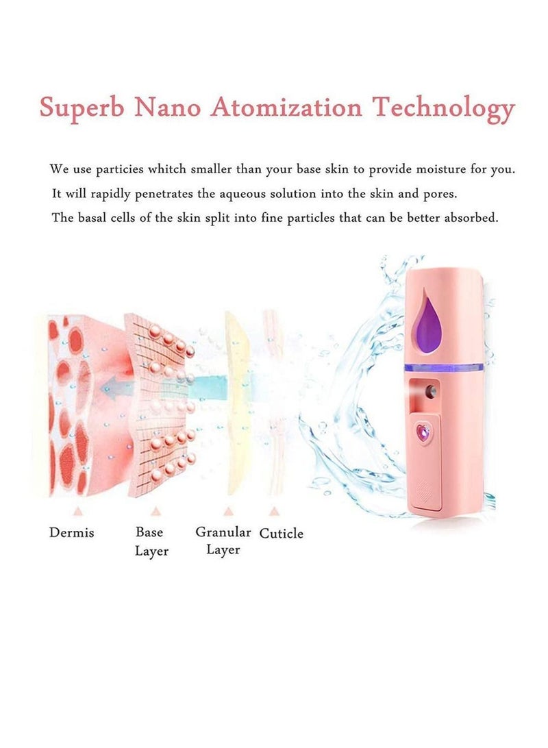 Nano Moisture Meter, Handheld USB Rechargeable Moisturizer, Intimate Mirror Design on The Top, Cold Mist Humidifier, Moisturizing and Skin Care, Makeup (Pink, 1 Piece)