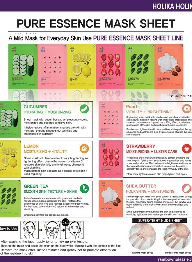 [Holika Holika] Pure Essence Mask Sheet 20ml Pack of 10, 100% Natural Tencel Sheet, Easy to Open